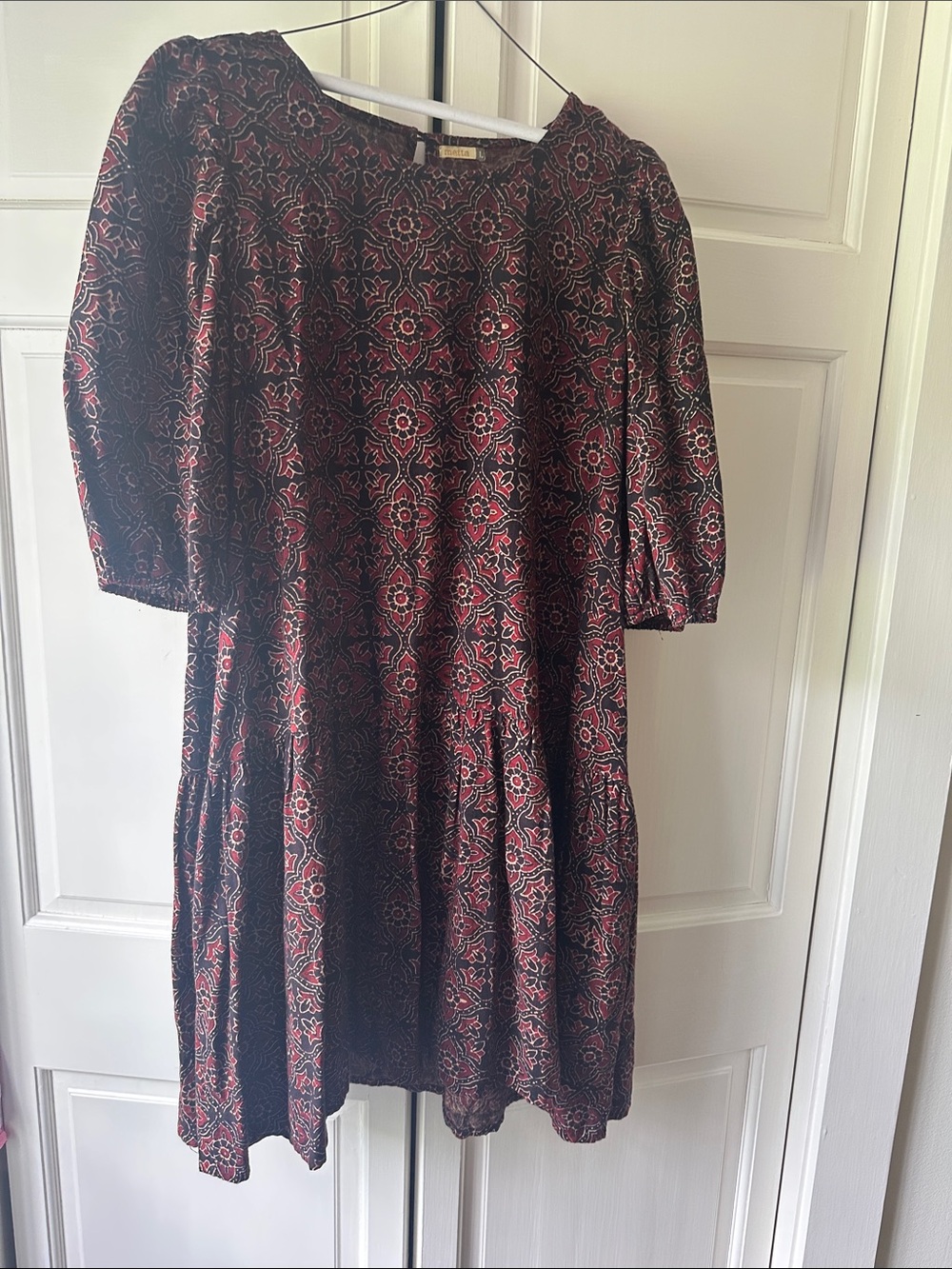 Women's Matta cotton Black and Red Patterned Puff-Sleeve Dress Size large